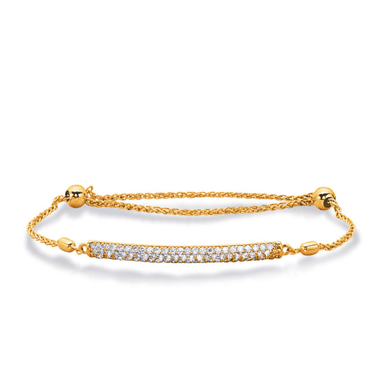 This Bracelet is available in 14K Yellow Gold. There are a total of 73 stones. There are Round with a total carat weight of 0.76 set in a Micro Prong setting.