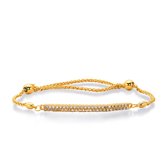 This Bracelet is available in 14K Yellow Gold. There are a total of 49 stones. There are Round with a total carat weight of 0.48 set in a Micro Prong setting.