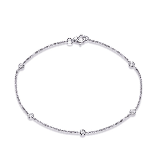 This Bracelet is available in 14K White Gold. There are a total of 5 stones. There are Round with a total carat weight of 0.14 set in a Bezel Set setting.
