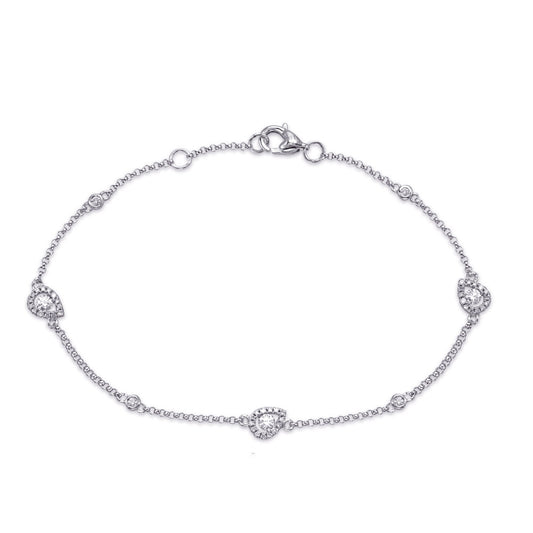This Bracelet is available in 14K White Gold. There are a total of 49 stones. There are Round with a total carat weight of 0.33 set in a Bezel Set|Micro Prong setting.