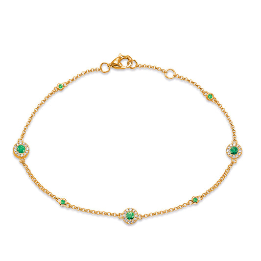 This Bracelet is available in 14K Yellow Gold. There are a total of 43 stones. There are Emerald with a total carat weight of 0.3 set in a Bezel Set|Prong Set setting.There are Round stones with a total carat weight of 0.11 set in a Bezel Set|Prong Set.