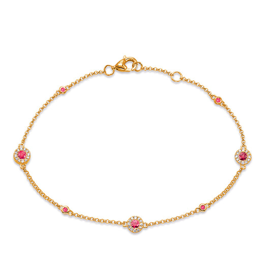 This Bracelet is available in 14K Yellow Gold. There are a total of 43 stones. There are Round with a total carat weight of 0.11 set in a Bezel Set|Prong Set setting.There are Ruby stones with a total carat weight of 0.33 set in a Bezel Set|Prong Set.