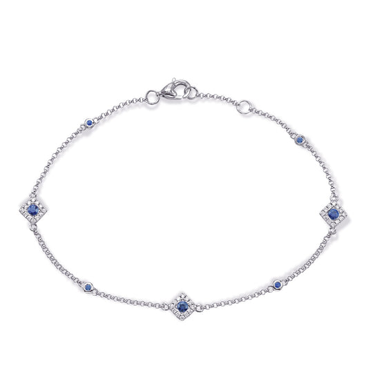 This Bracelet is available in 14K White Gold. There are a total of 43 stones. There are Round with a total carat weight of 0.19 set in a Bezel Set|Micro Prong setting.There are Sapphire stones with a total carat weight of 0.31 set in a Bezel Set|Micro Prong.