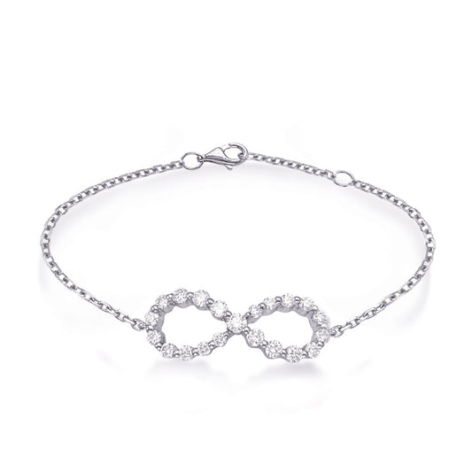 This Bracelet is available in 14K White Gold. There are a total of 21 stones. There are Round with a total carat weight of 0.42 set in a Micro Prong setting.
