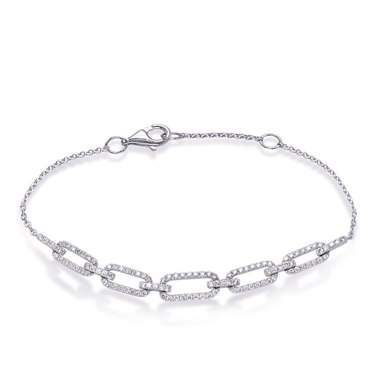 This Bracelet is available in 14K White Gold. There are a total of 108 stones. There are Round with a total carat weight of 0.35 set in a Micro Prong setting.