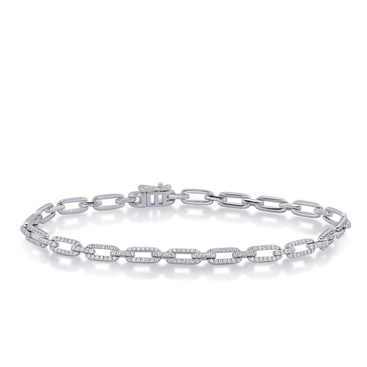 This Bracelet is available in 14K White Gold. There are a total of 386 stones. There are Round with a total carat weight of 1.14 set in a Micro Prong setting.