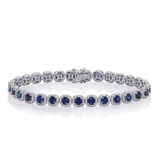 This Bracelet is available in 14K White Gold. There are a total of 479 stones. There are Round with a total carat weight of 1.79 set in a  setting.There are Sapphire stones with a total carat weight of 5.37 set in a .