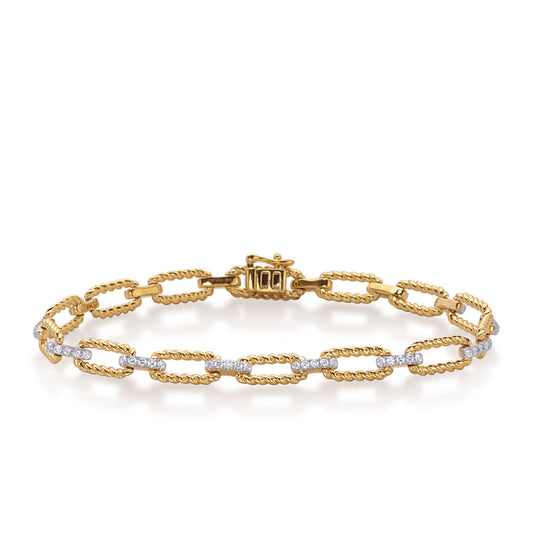 This Bracelet is available in 14K Yellow & White Gold. There are a total of 70 stones. There are Round with a total carat weight of 0.67 set in a Micro Prong setting.