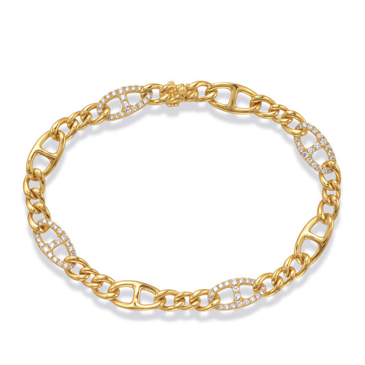 This Bracelet is available in 14K Yellow & White Gold. There are a total of 80 stones. There are Round with a total carat weight of 0.75 set in a Micro Prong setting.