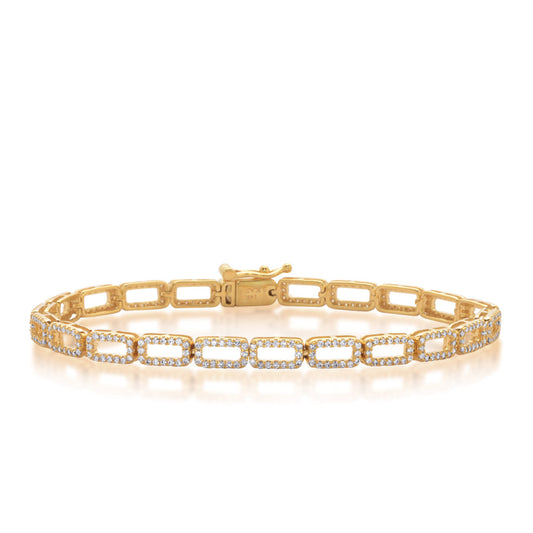 This Bracelet is available in 14K Yellow Gold. There are a total of 354 stones. There are Round with a total carat weight of 1.55 set in a Micro Prong setting.