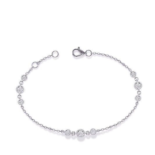 This Bracelet is available in 14K White Gold. There are a total of 9 stones. There are Round with a total carat weight of 0.33 set in a Bezel Set setting.