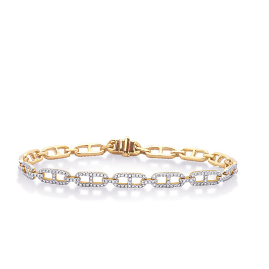 This Bracelet is available in 14K Yellow Gold. There are a total of 400 stones. There are Round with a total carat weight of 1.59 set in a Micro Prong setting.