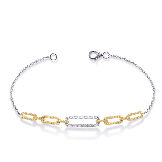 This Bracelet is available in 14K Yellow & White Gold. There are a total of 28 stones. There are Round with a total carat weight of 0.2 set in a Prong Set setting.
