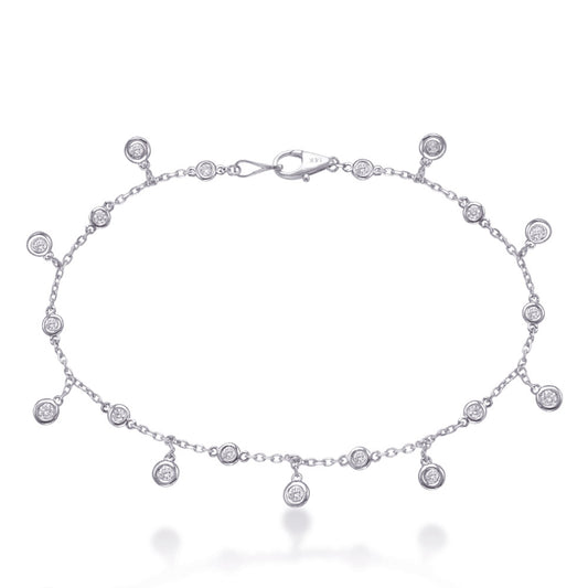 This Bracelet is available in 14K White Gold. There are a total of 17 stones. There are Round with a total carat weight of 0.61 set in a Bezel Set setting.