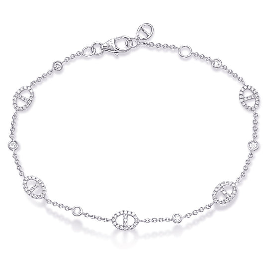 This Bracelet is available in 14K White Gold. There are a total of 101 stones. There are Round with a total carat weight of 0.4 set in a Prong Set setting.