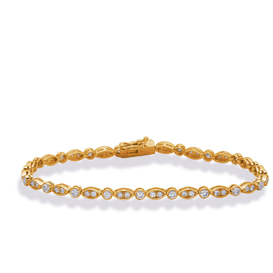 This Bracelet is available in 14K Yellow Gold. There are a total of 60 stones. There are Round with a total carat weight of 1.7 set in a Bezel Set|Prong Set setting.