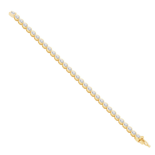 This Bracelet is available in 14K Yellow Gold. There are a total of 34 stones. There are Oval with a total carat weight of 4.8 set in a Bezel Set setting.