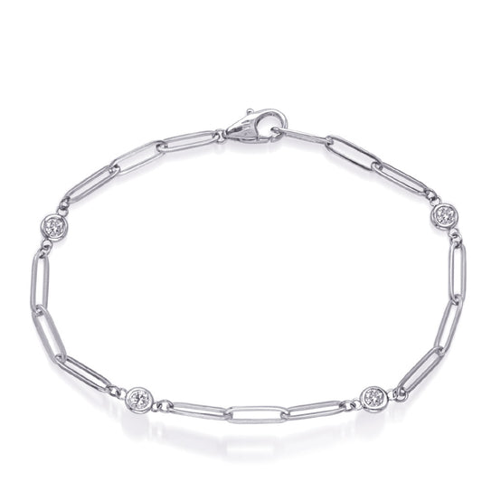 This Bracelet is available in 14K White Gold. There are a total of 4 stones. There are Round with a total carat weight of 0.34 set in a Bezel Set setting.