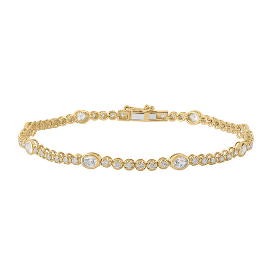 This Bracelet is available in 14K Yellow Gold. There are a total of 60 stones. There are Oval with a total carat weight of 0.9 set in a  setting.There are Round stones with a total carat weight of 0.8 set in a .