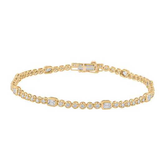 This Bracelet is available in 14K Yellow Gold. There are a total of 61 stones. There are Emerald Cut with a total carat weight of 0.72 set in a  setting.There are Round stones with a total carat weight of 0.82 set in a .