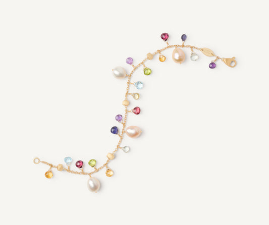 Pearls and multicoloured gemstone single-strand 18kt yellow gold bracelet