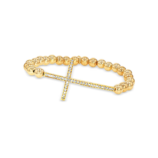 14k Gold Bali Beaded Bracelet with Diamond Cross