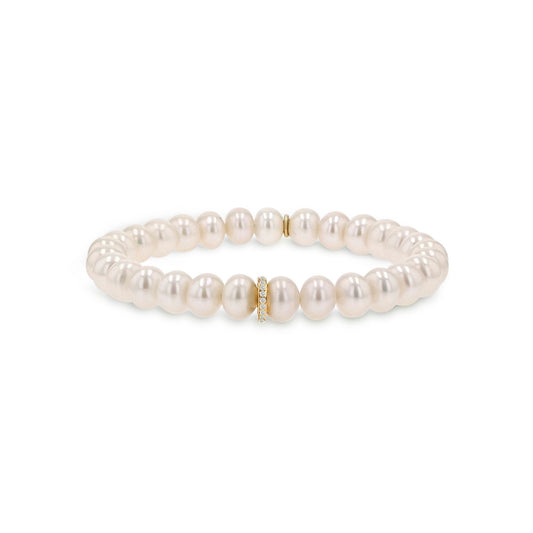 14k Gold White Pearl Bracelet with Diamond Rondelle - 8mm
