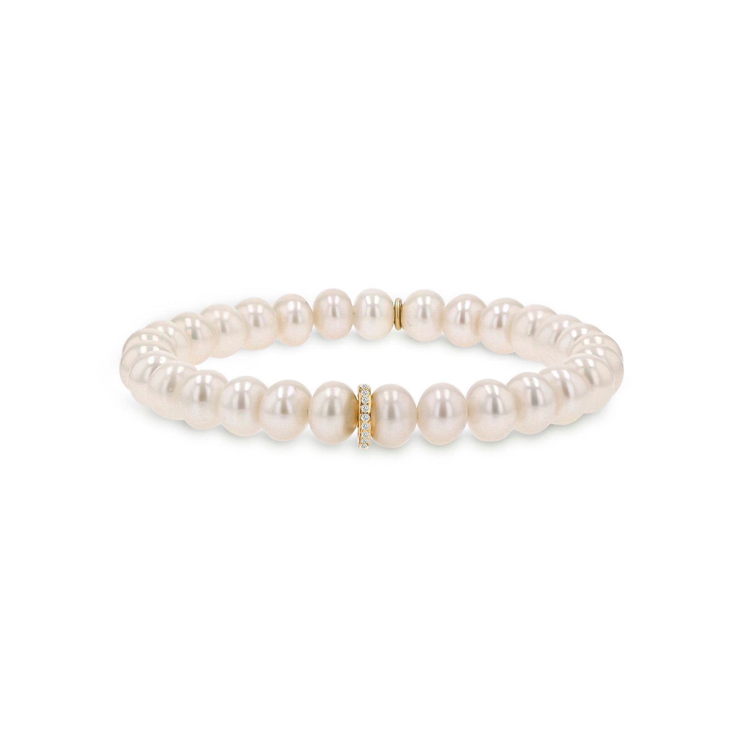 14k Gold White Pearl Bracelet with Diamond Rondelle - 8mm