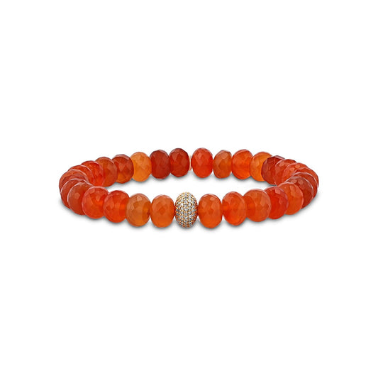 14k Gold Carnelian Beaded Bracelet with Diamond Donut - 8mm