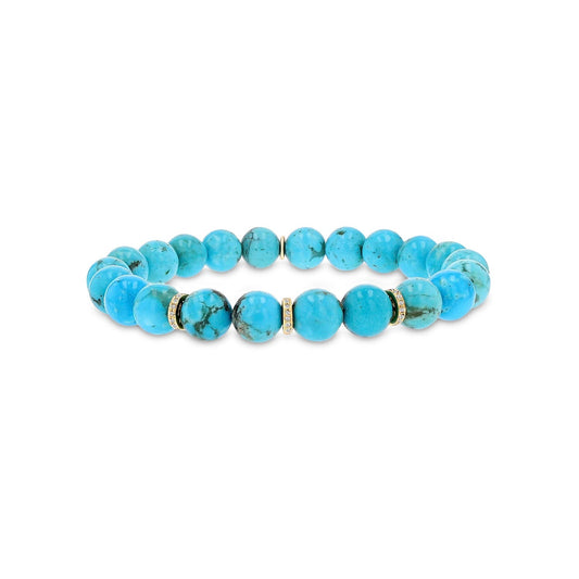 14k Arizona Turquoise Beaded Bracelet with Three Diamond Rondelles - 8mm