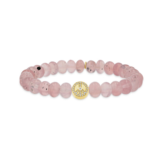 14k Cuties Icon Bracelet - Rose Quartz with Diamond Peace Sign Bead