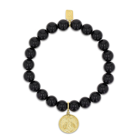14k Onyx Bracelet with Guardian Angel Charm - 8mm