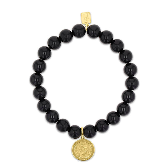14k Onyx Bracelet with St. Christopher Charm - 8mm
