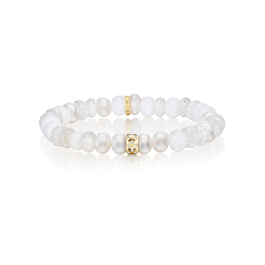 14k White Mix Gemstone Beaded Bracelet with Diamond Rondelle - 8mm