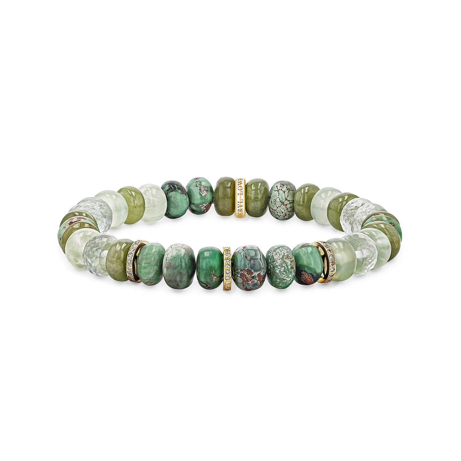 14k Moody Green Mix Gemstone Beaded Bracelet with Diamond Rondelles - 8mm