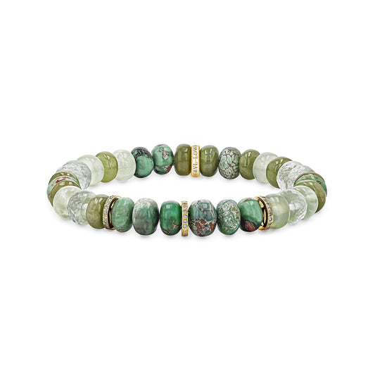 14k Moody Green Mix Gemstone Beaded Bracelet with Diamond Rondelles - 8mm