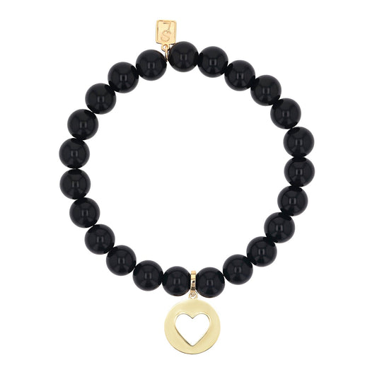 14k Onyx Bracelet with Open Heart Charm - 8mm