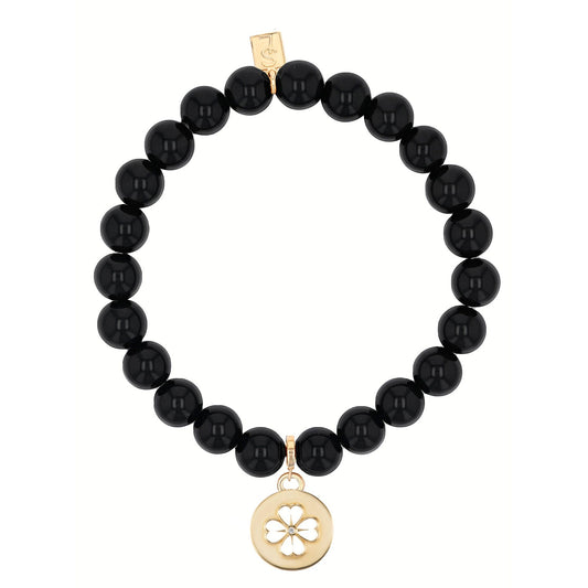 14k Onyx Bracelet with Cut Out Clover Charm - 8mm
