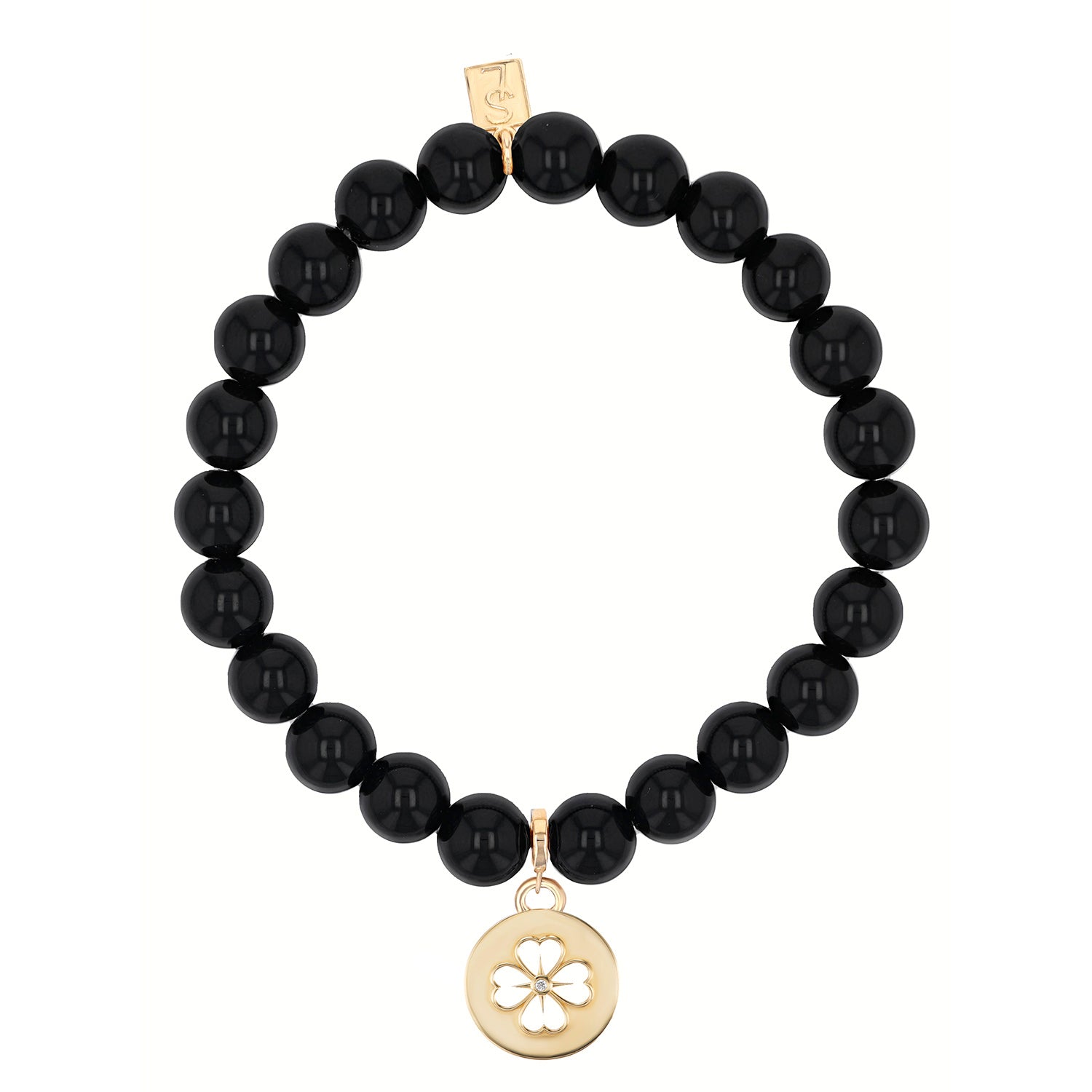 14k Onyx Bracelet with Cut Out Clover Charm - 8mm