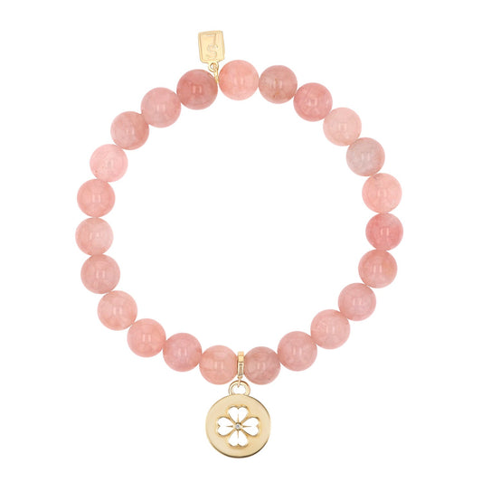 14k Rose Quartz Bracelet with Open Clover Charm - 8mm