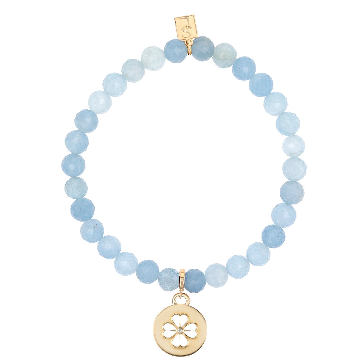 14k Aquamarine Bracelet with Open Clover Charm - 6mm