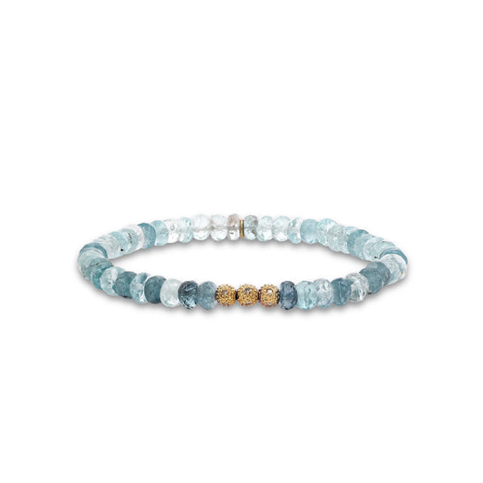 14k Ombre Aquamarine Mini Bracelet with 3 Round Diamond beads - 5mm