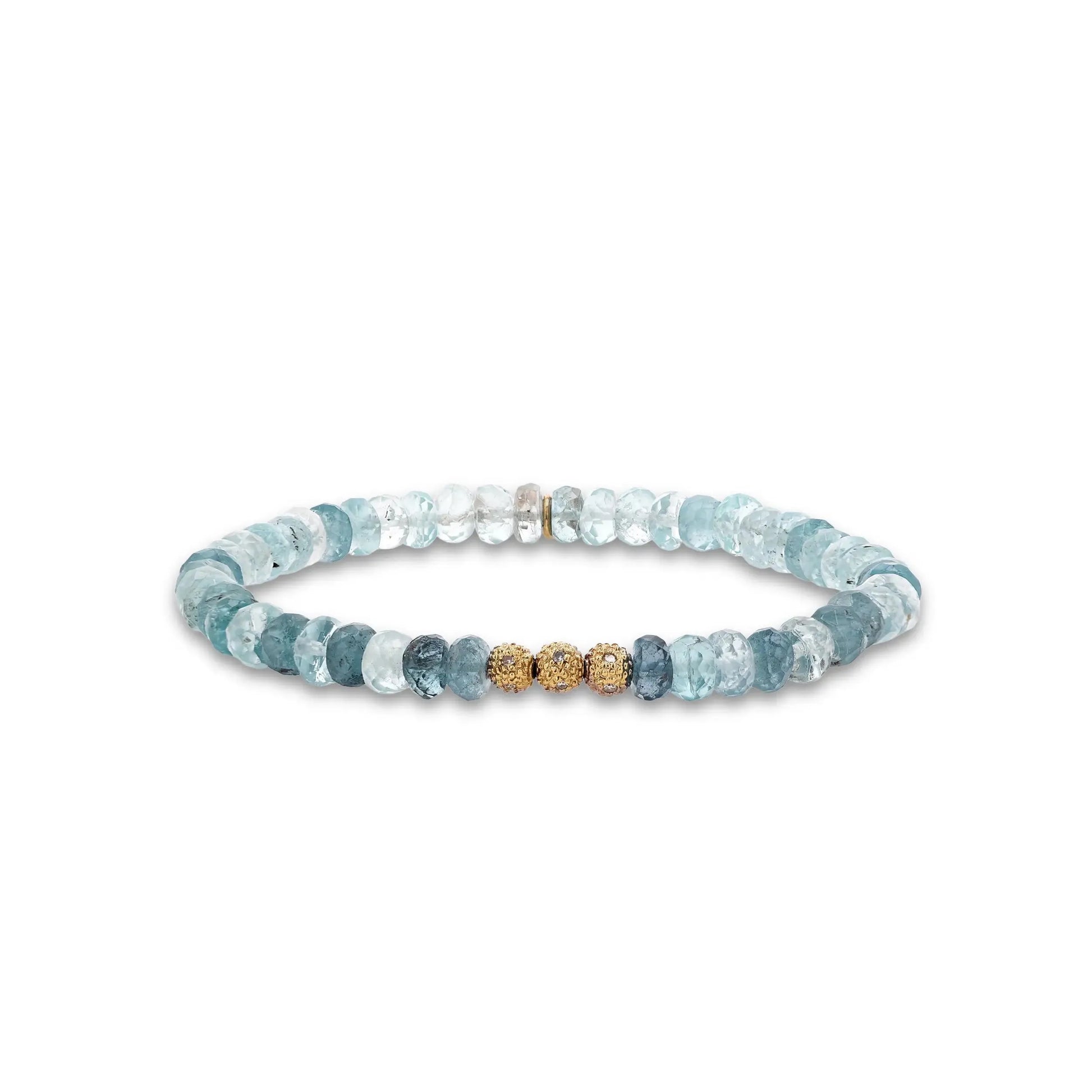 14k Ombre Aquamarine Mini Bracelet with 3 Round Diamond beads - 5mm