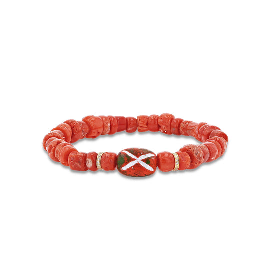 14k Antique Red Coral Beaded Bracelet with African Bead & Diamond Rondelles - One of a Kind