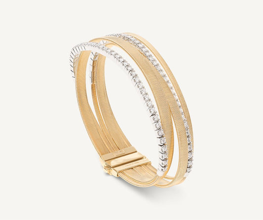 Five-strand yellow gold bracelet with double diamond tennis