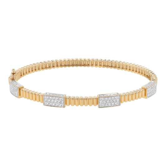 14K Yellow Gold 1.00 carat Round Diamonds Corrugated Hinged Bangle