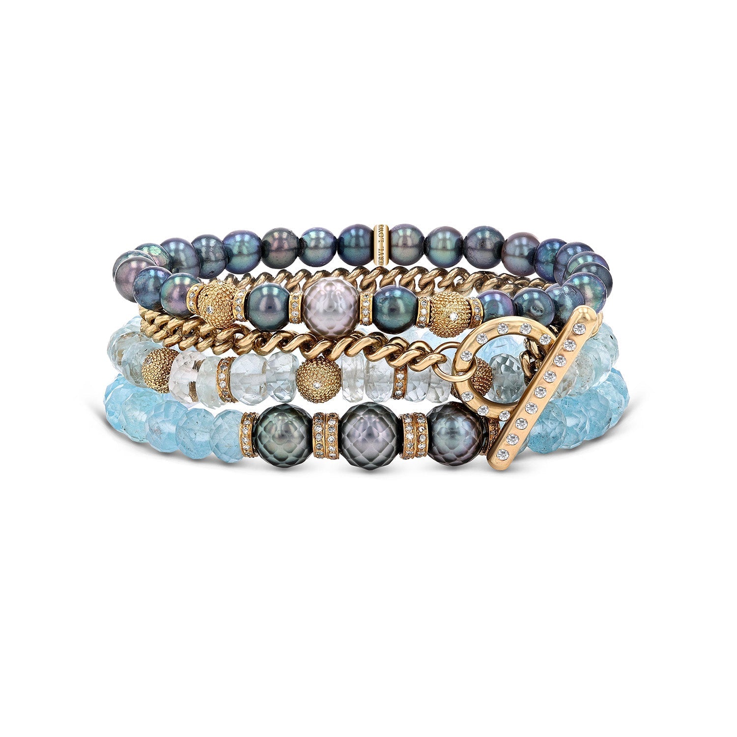 The Kelly Stack - 14k Aquamarine & Pearl Stack - One of a Kind