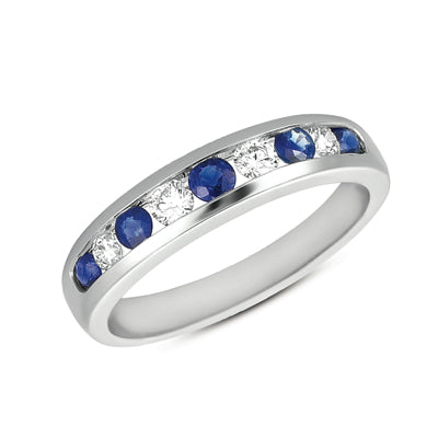 This Gem Stone Ring is available in 14K White Gold. There are a total of 9 stones. There are Rounds with a total carat weight of 0.26 set in a Channel Set setting.There are Sapphire stones with a total carat weight of 0.49 set in a Channel Set.