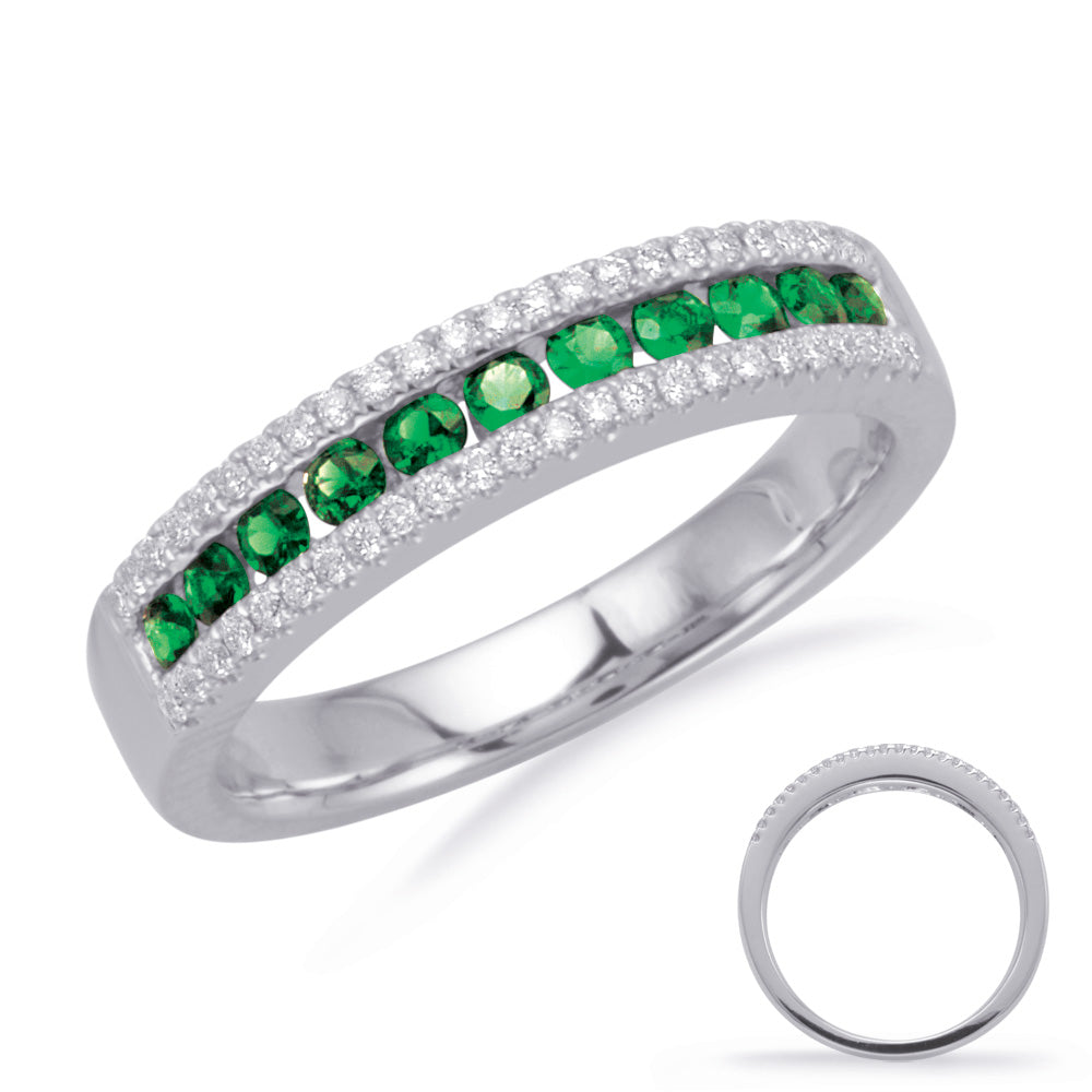 This Gem Stone Ring is available in 14K White Gold. There are a total of 59 stones. There are Emerald with a total carat weight of 0.29 set in a Channel Set|Micro Prong setting.There are Rounds stones with a total carat weight of 0.16 set in a Channel Set|Micro Prong.