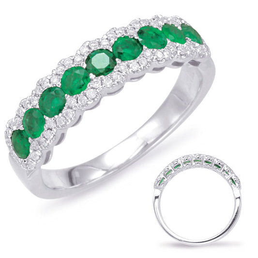 This Gem Stone Ring is available in 14K White Gold. There are a total of 69 stones. There are Emerald with a total carat weight of 0.75 set in a Micro Prong setting.There are Rounds stones with a total carat weight of 0.18 set in a Micro Prong.
